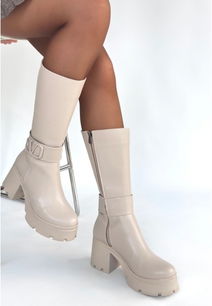 Moki Bej Cilt Topuklu Çizme