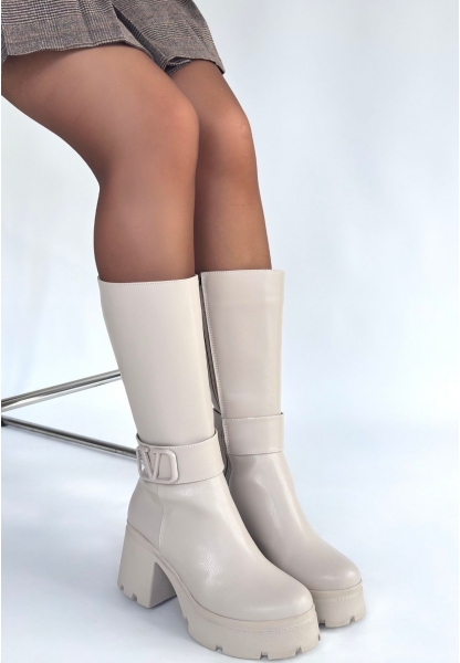 Moki Bej Cilt Topuklu Çizme