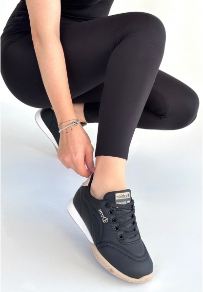 Tawen Siyah Cilt Bej Tabanlı Bağcıklı Spor Ayakkabı