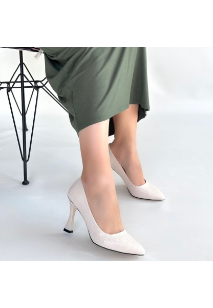 Merio Bej Baskılı Rugan Topuklu Ayakkabı